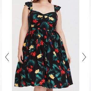 Torrid Retro Chic Black Tropical Parrot Macaw Midi Skater Dress, Size 20